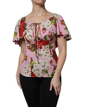 Dolce & Gabbana Floral Silk Short Sleeves Blouse Top - Red