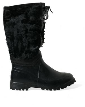 Dolce & Gabbana Rubber Lace Up Shearling Rain Boots Shoes - Black