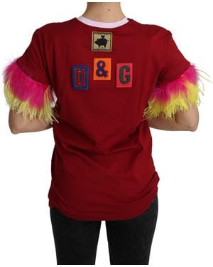 Dolce & Gabbana Pig Print Feather Sleeves T-shirt Top - Red