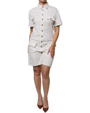 Please Cotton Short Sleeves Button Down Romper Dress - White