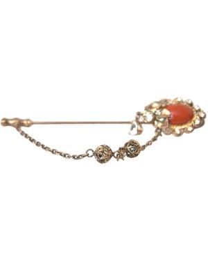 Dolce & Gabbana Brass Crystal Chain 925 Sterling Pin Brooch - White