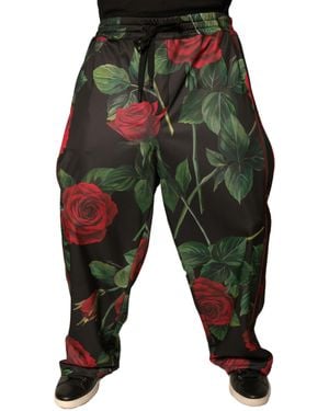 Dolce & Gabbana Floral Polyester Jogger Sweatmen's Trousers - Black