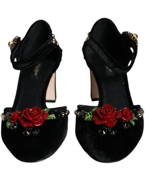 Dolce & Gabbana Velvet Ankle Straps With Embroidery - Black
