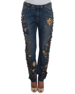 Dolce & Gabbana Crystal Roses Heart Embellished Jeans - Blue