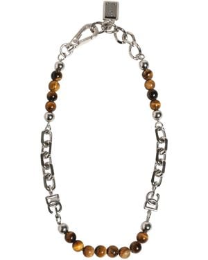 Dolce & Gabbana Tone Brass Chain Beaded Gem Dg Logo Bracelet - Metallic