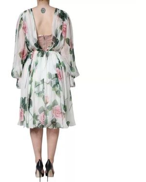 Dolce & Gabbana Silk Floral Print A-Line Midi Dress - White