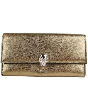 McQueen Metallic Leather Flap With Skull Wallet - Natural