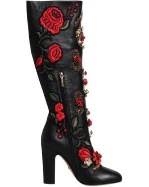 Dolce & Gabbana Floral Embellished Kneehigh Boots - Black