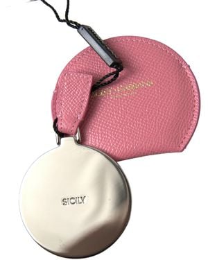 Dolce & Gabbana Calfskin Leather Round Logo Print Hand Mirror Holder - Pink