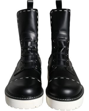 Dolce & Gabbana Black Leather Combat Mid Calf Boots Shoes