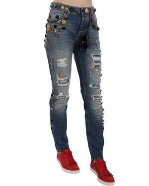 Dolce & Gabbana Embellished Denim Trousers With Distressed Details - Blue