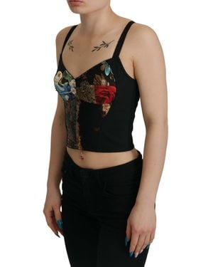 Dolce & Gabbana Black Patchwork Sicily Blouse Corset Cropped Top