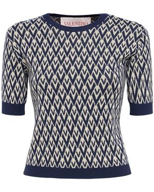 Valentino Damen Kurzarm-Pullover Aus Wolljacquard - Schwarz