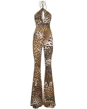 Roberto Cavalli Printed Lycra Halterneck Flared Jumpsuit - Metallic