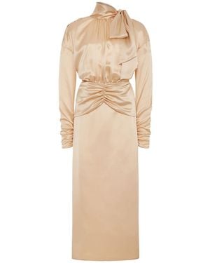 Alessandra Rich Open Back Silk Satin Midi Dress W/ Bow - Natural