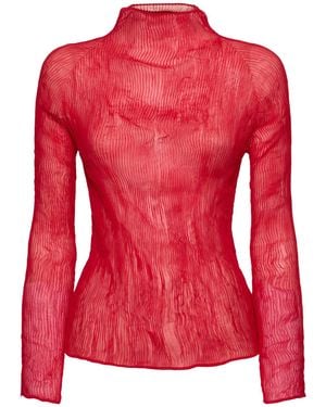 Issey Miyake Chiffon Twist 2 Pleated Long Sleeve Top - Red