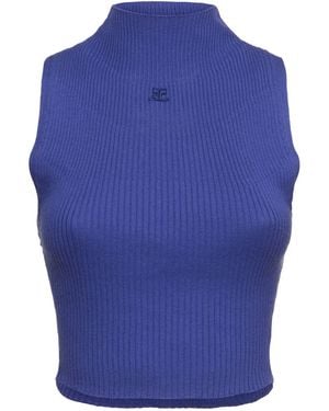 Courreges Mock Neck Light Ribbed Cotton Top - ブルー