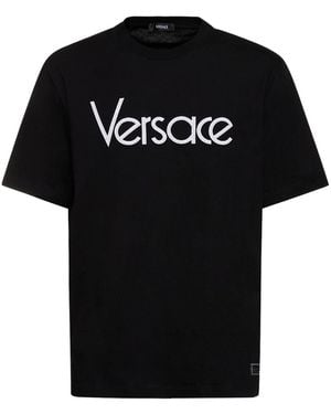 Versace Logo-Besticktes Baumwoll-T-Shirt - Schwarz