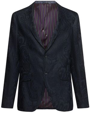 Etro Roma Paisley Linen Blend Jacket - Blue