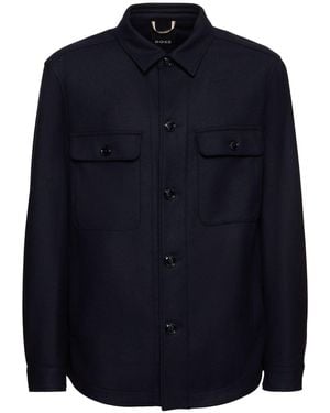 BOSS Wool Blend Overshirt with Button Cuffs - Blue