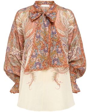 Zimmermann Damen Ramiehemd Mit Bindehalsausschnitt „Rhiannon“ - Natur