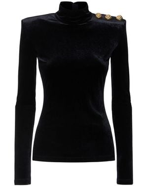 Balmain Buttoned Velvet High Neck Top - Black