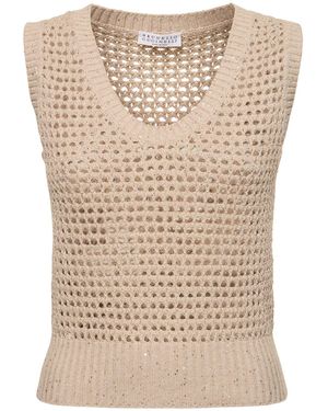 Brunello Cucinelli Open Knit Cotton Blend Vest - Natural