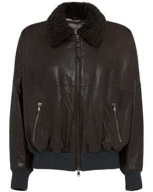 Brunello Cucinelli Leather & Fur Bomber Jacket - Black