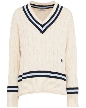 Sporty & Rich Src Cable Knit Cotton V-Neck Jumper - Natural