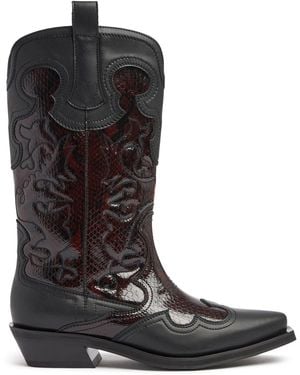 Ganni 40mm Mid Shaft Embroidered Western Boots - Black