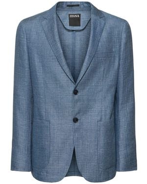 ZEGNA Solid リネン&ウールジャケット - ブルー