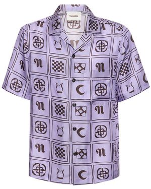 Nanushka Printed Silk Twill S/S Bowling Shirt - Purple