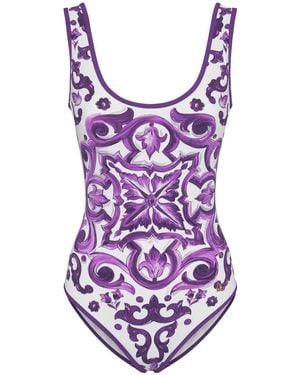 Dolce & Gabbana Damen Badeanzug Mit Maiolicadruck - Lila