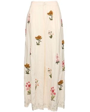 Agua Bendita Piñon Embroidered Linen Palazzo Trousers - Natural