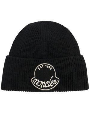Moncler Uomo Logo Patch Wool Beanie - Black