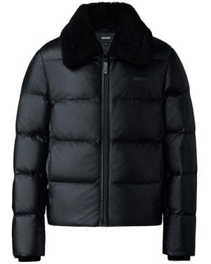 Mackage Kyrie Leather Down Quilted Jacket With Shearling Collar - Blue
