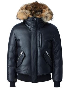 Mackage Glen-F 2-In-1 (R) Leather Bomber Jacket With Hooded Bib & Natural Fur - Blue