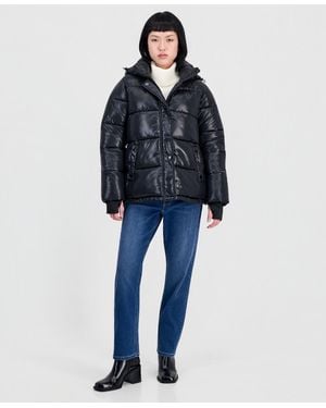 Steve Madden Hooded Short Quilted Puffer Coat - Blue