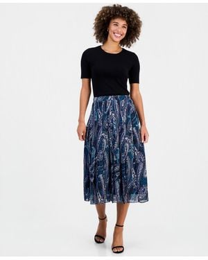Kasper Petite Printed Pleated Front Midi Skirt - Blue