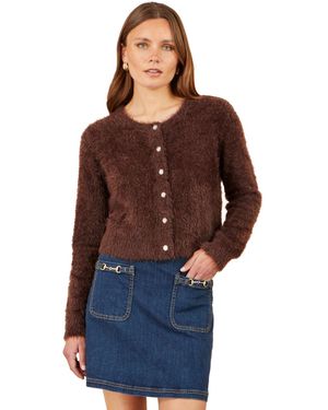 Yumi' Eyelash Knit Sparkle-button Crew Neck Cardigan - Brown