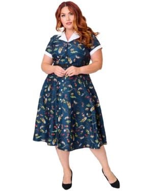 Unique Vintage Plus Size Collared Short Sleeved Belted Alexis Swing Dress - Blue