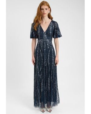 Beauut Embellished Sequin Beaded Maxi Dress With Flutter Sleeve - Blue