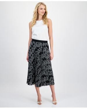 Tahari Printed Pleated Midi Skirt - White