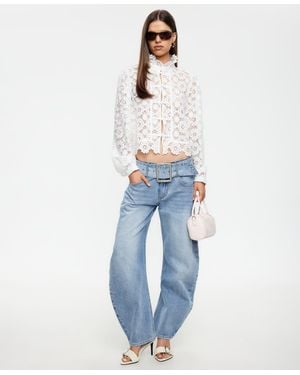 Lioness Overtime Ruffle Mock Neck Blouse - Blue