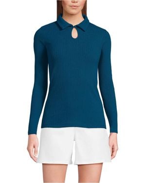 Lands' End Long Sleeve Pointelle Rib Keyhole Polo Top - Blue