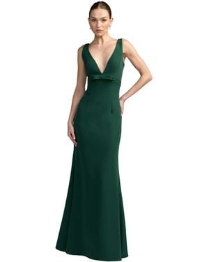 Mac Duggal Crepe Sleeveless V Neck Sheath Gown With Bow - Green