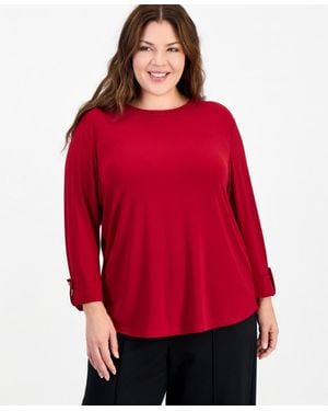 Anne Klein Essentials Plus Size 3/4-sleeve Scoop Neck Roll-cuff Top - Red