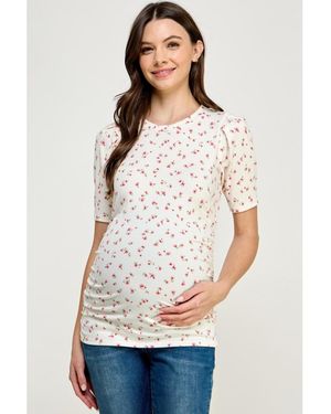 Hello Miss Maternity Floral Ribbed Ruched Puff-sleeve Fitted Top - White