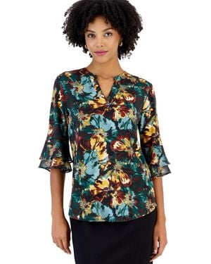 Kasper Petite Split Neck Floral-print 3/4-length Flutter-sleeve Tunic - Black
