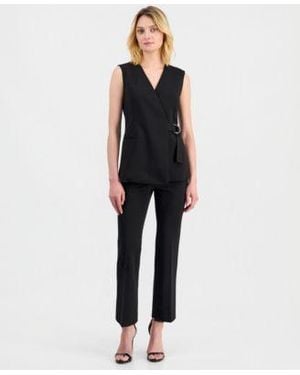 Anne Klein Sleeveless D Ring Wrap Blazer Pull On Kick Flare Pants - Black